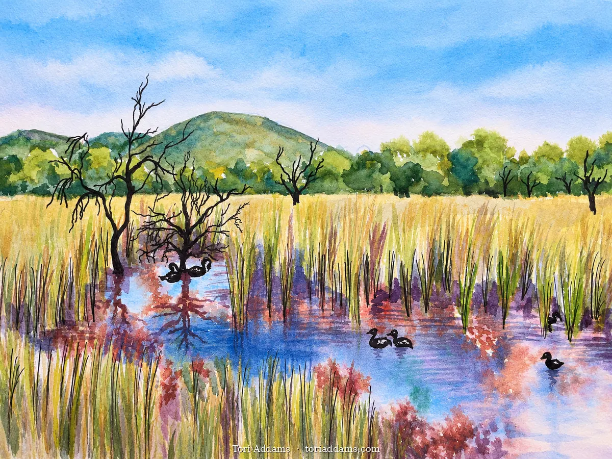 Watercolour wetlands with reeds, trees and birds