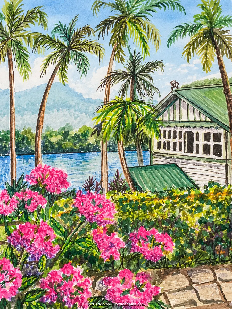 Lakeside flowers and palms in tropical Queensland