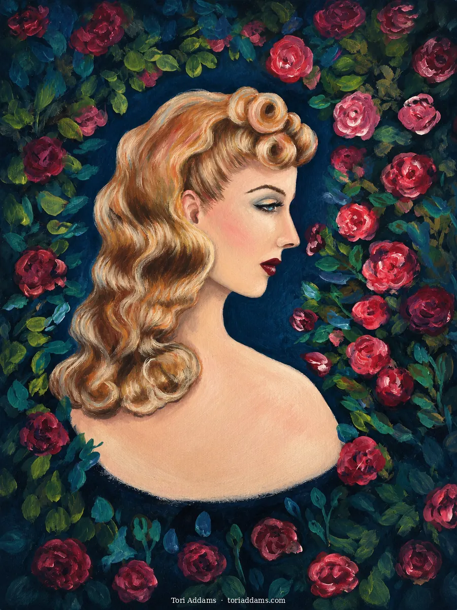Vintage-inspired portrait surrounded by red roses