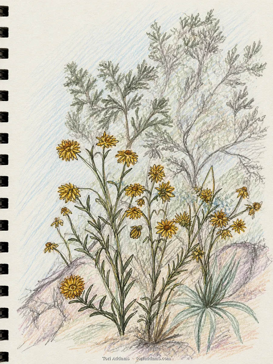 Botanical drawing of yellow wildflowers