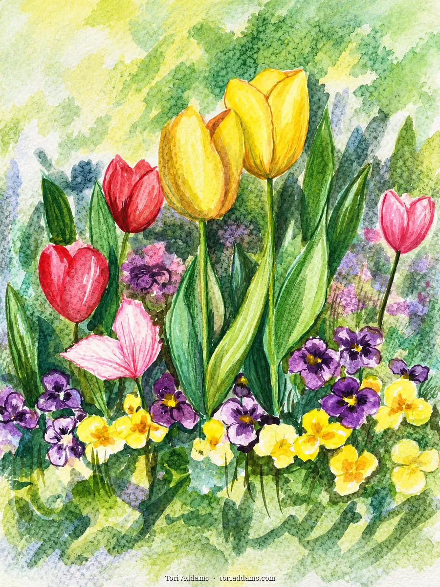 A spring study of tulips, pansies and fresh greenery