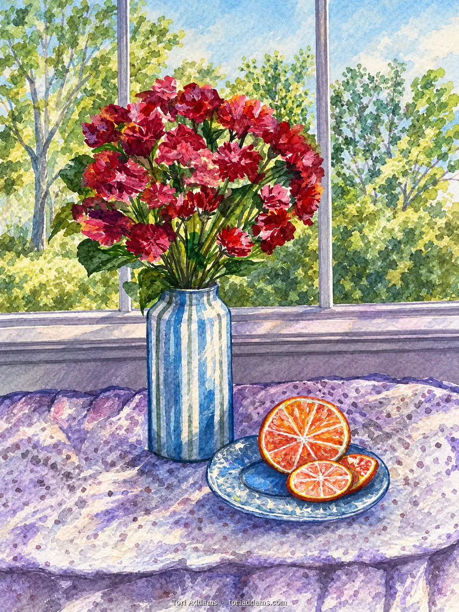 Still life with a red bouquet and citrus on a table