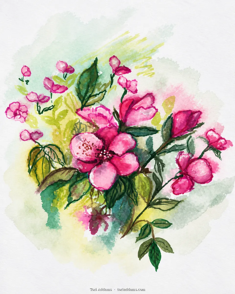 Expressive pink blossoms in a soft watercolour wash