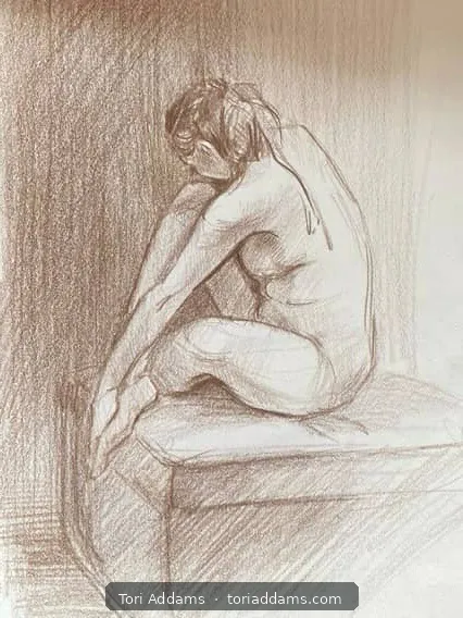 A graphite drawing of a seated human figure