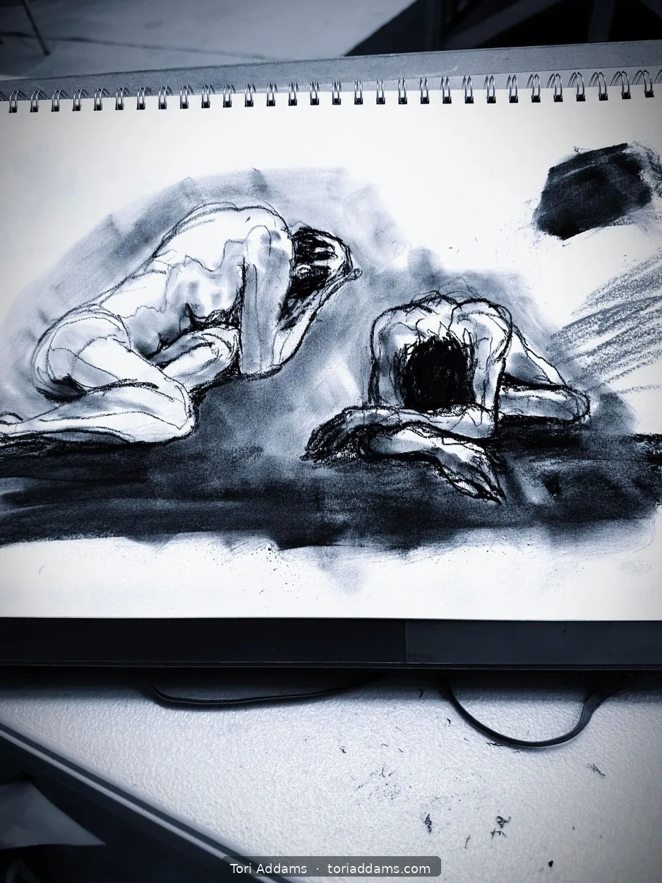 A sketchbook of expressive charcoal life-drawing poses