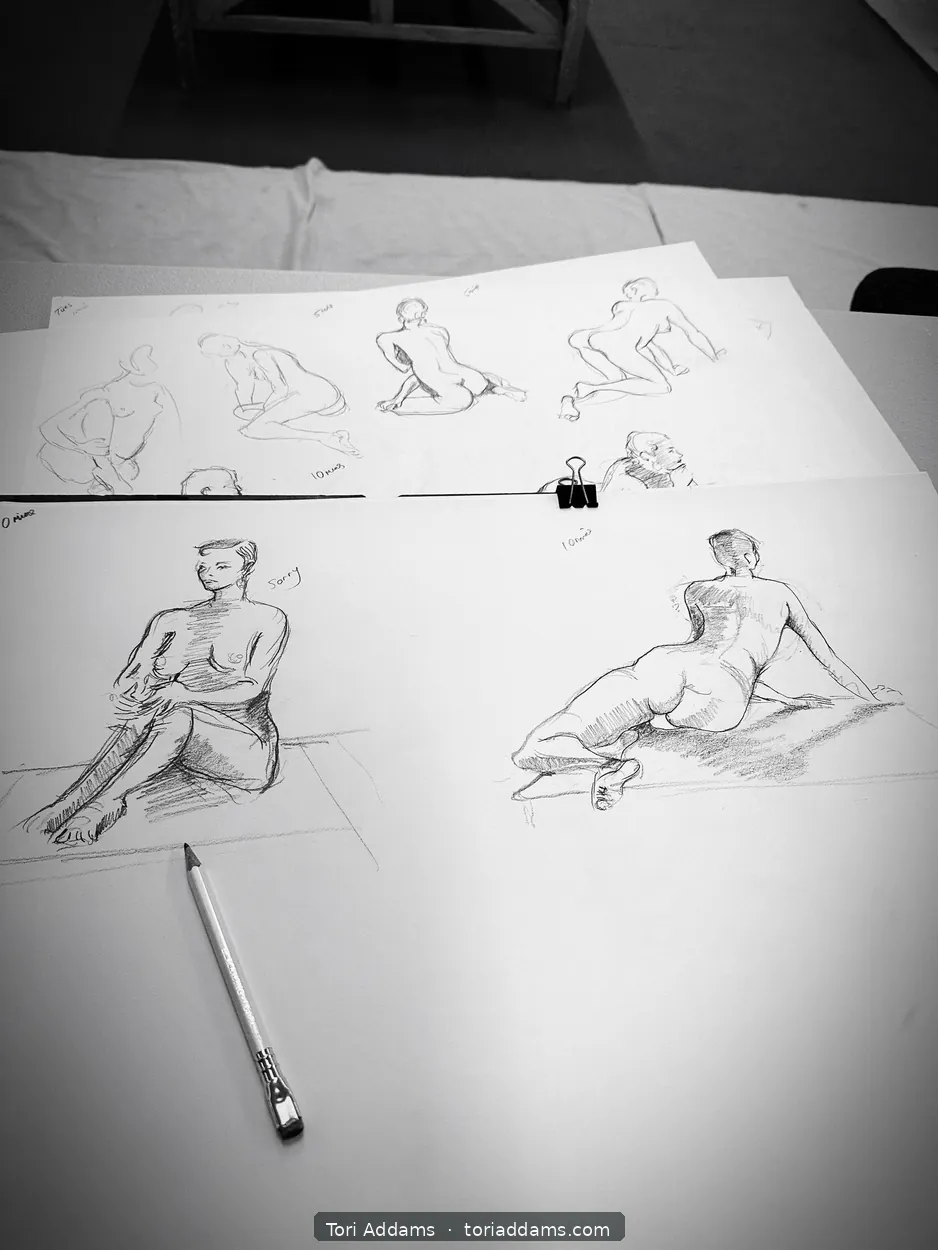 Pencil life drawings of different seated and reclining poses