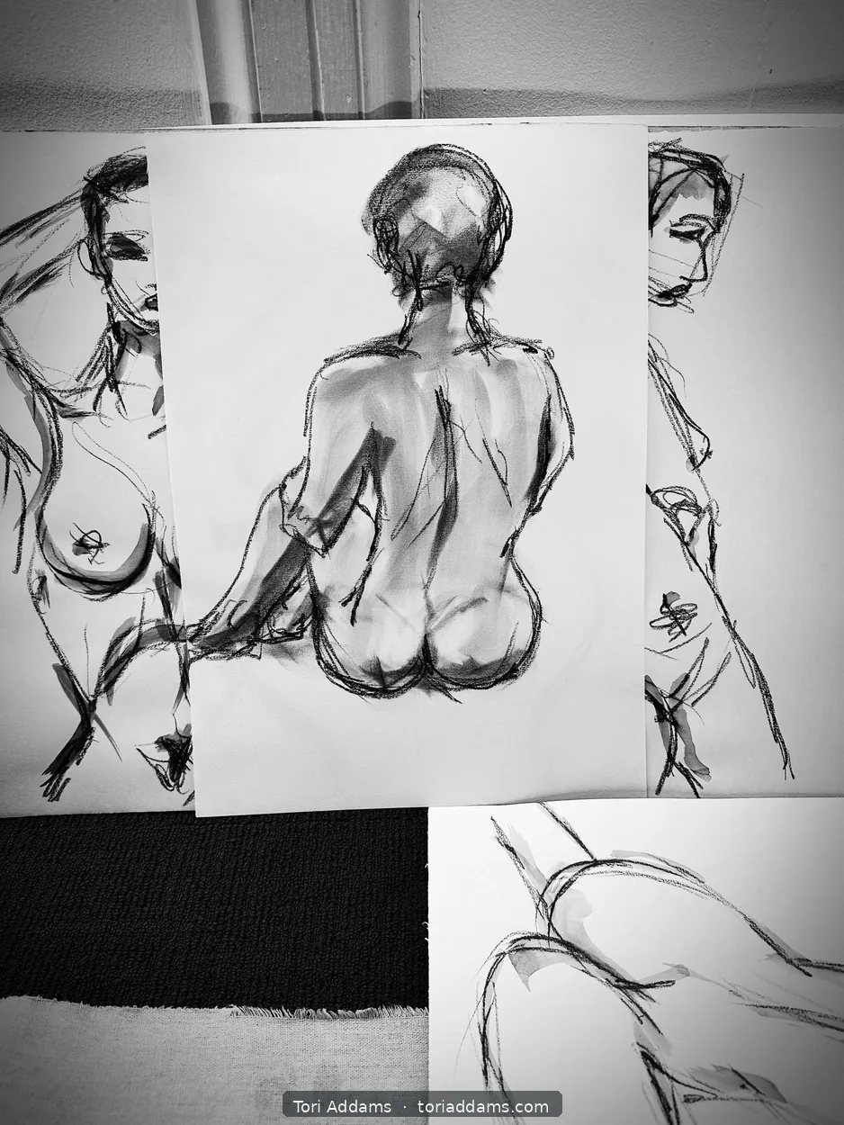 Expressive charcoal drawings of a seated figure from several angles