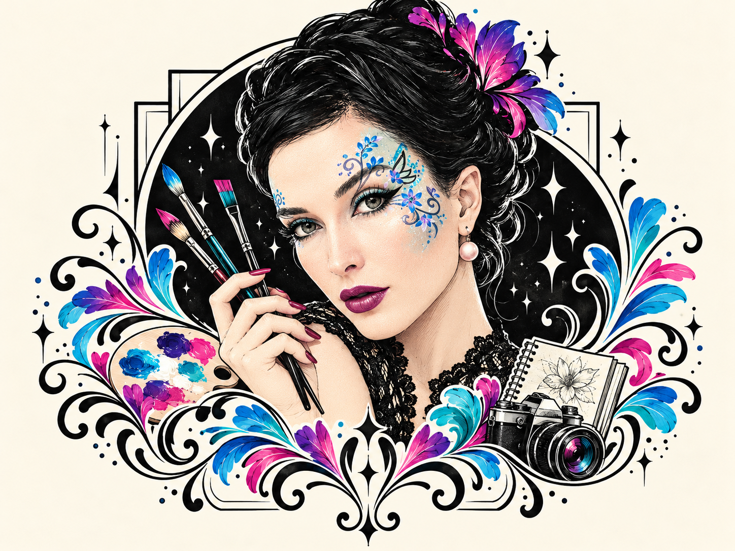 Illustrated portrait of Tori Addams with creative painting, drawing and photography motifs